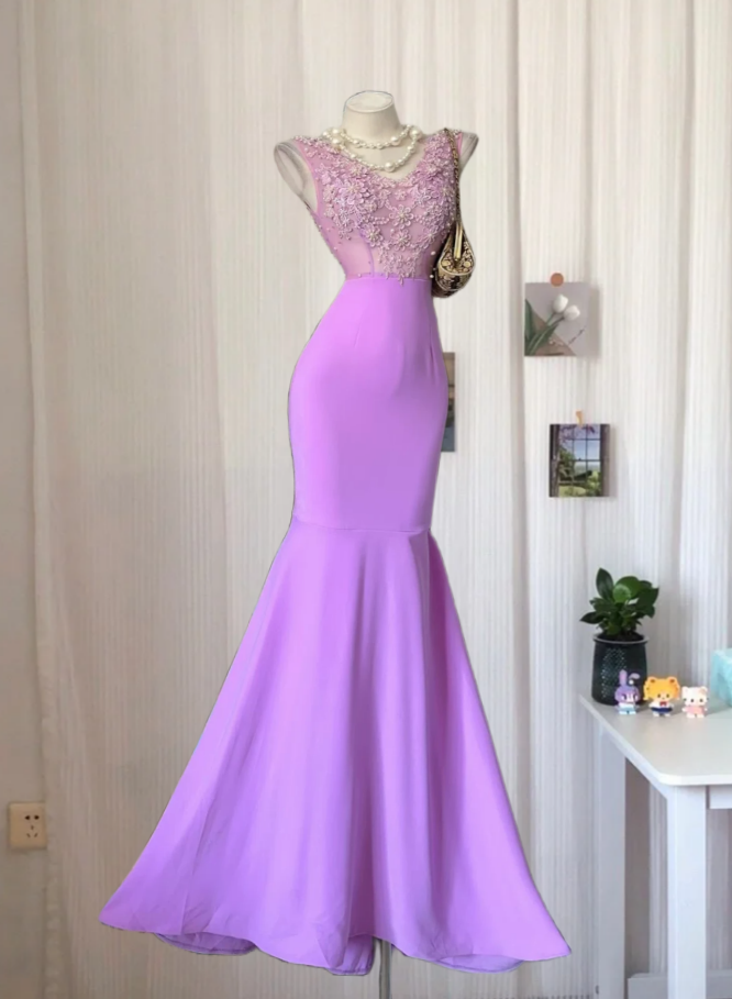 Retro V Neck Purple Prom Dress Beading Sleeveless Mermaid Evening Dress GG7972