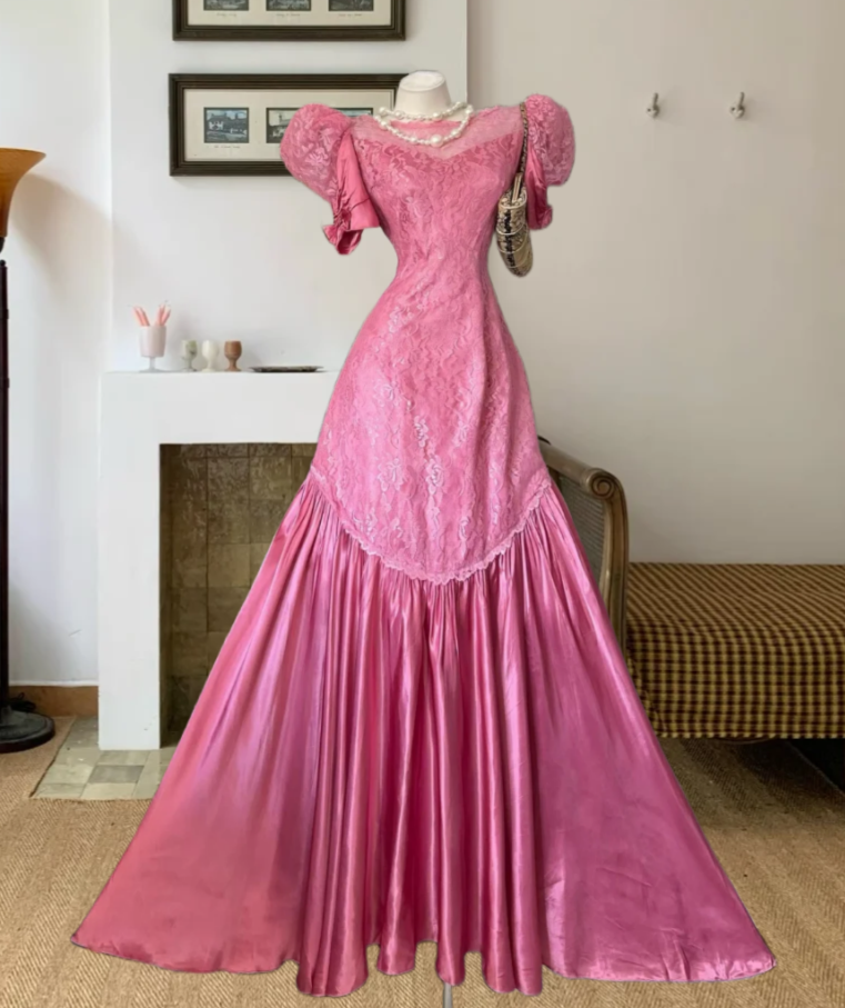 Y2K Short Sleeve Pink Prom Dress Jacquard Satin Bows A-Line Evening Dress GG7973
