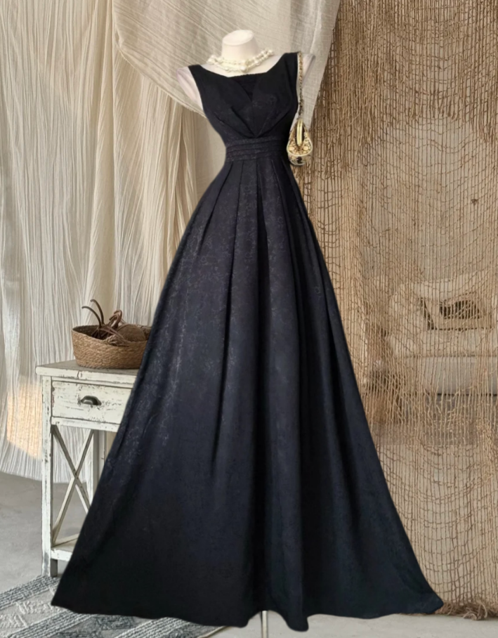 Trendy Sleeveless Prom Dress Black Jacquard A-Line Evening Dress GG7974