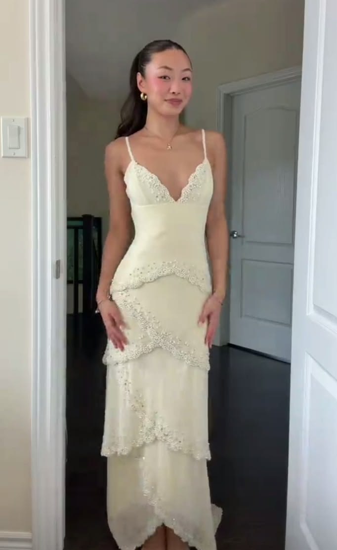 Playful Spaghetti Straps Prom Dress Ivory Beading Mermaid Evening Dress GG7976