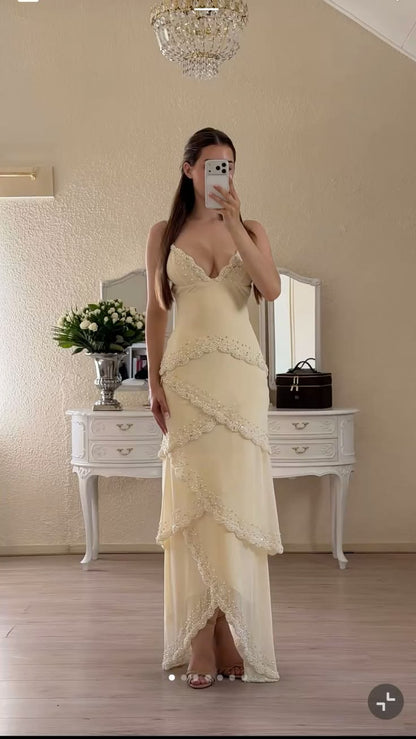 Playful Spaghetti Straps Prom Dress Ivory Beading Mermaid Evening Dress GG7976
