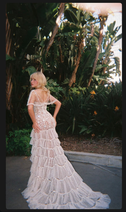 Attractive V Neck Tiered Prom Dress Ivory Sequins Mermaid Evening Dress GG7979