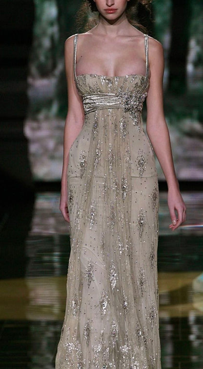 Romantic Spaghetti Straps Prom Dress Beige Sequins Beaded A-Line Evening Dress GG7983