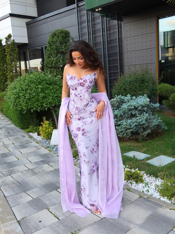 Vintage Strapless Purple Prom Dress With Scarf Floral Sequins Mermaid Evening Dress GG7991