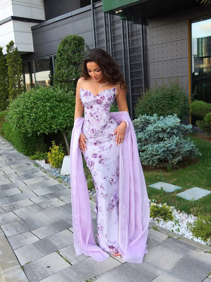 Vintage Strapless Purple Prom Dress With Scarf Floral Sequins Mermaid Evening Dress GG7991