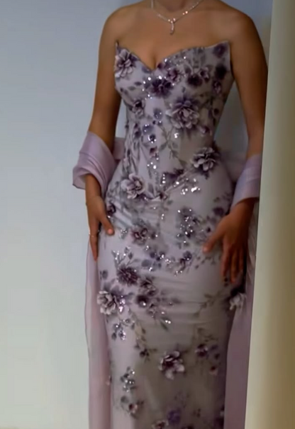 Vintage Strapless Purple Prom Dress With Scarf Floral Sequins Mermaid Evening Dress GG7991