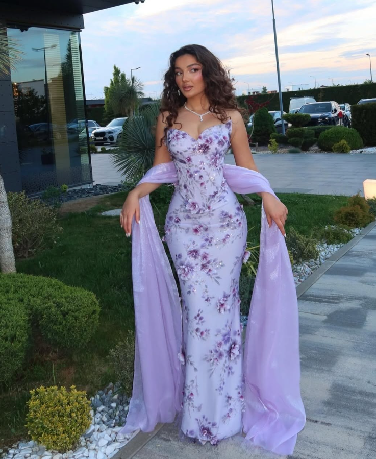 Vintage Strapless Purple Prom Dress With Scarf Floral Sequins Mermaid Evening Dress GG7991