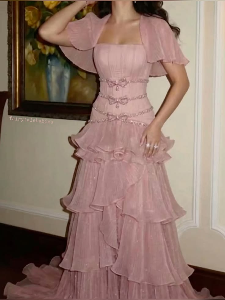 Lovely Square Neck Pink Prom Dress Beaded Bow Tiered A-Line Evening Dress GG7992