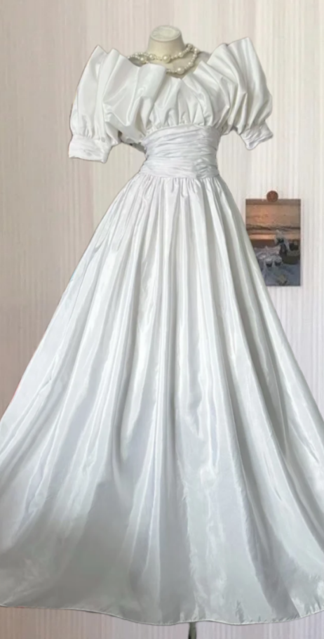 Ornate Off The Shoulder Wedding Dress Short Sleeve Satin A-Line Bridal Dress GG7997