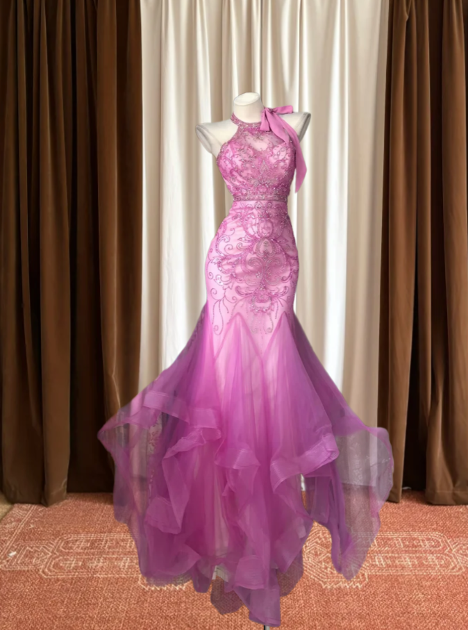 Y2K Halter Neck Pink Prom Dress Beading Ruffles Mermaid Evening Dress GG7999