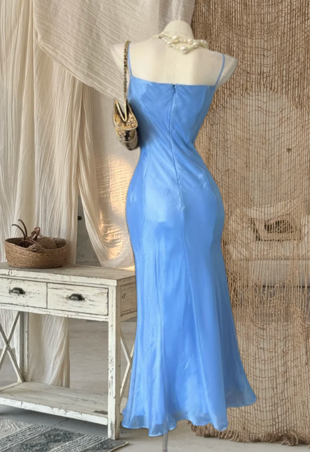 Retro Spaghetti Straps Prom Dress Blue Sequins Mermaid Evening Dress GG8000