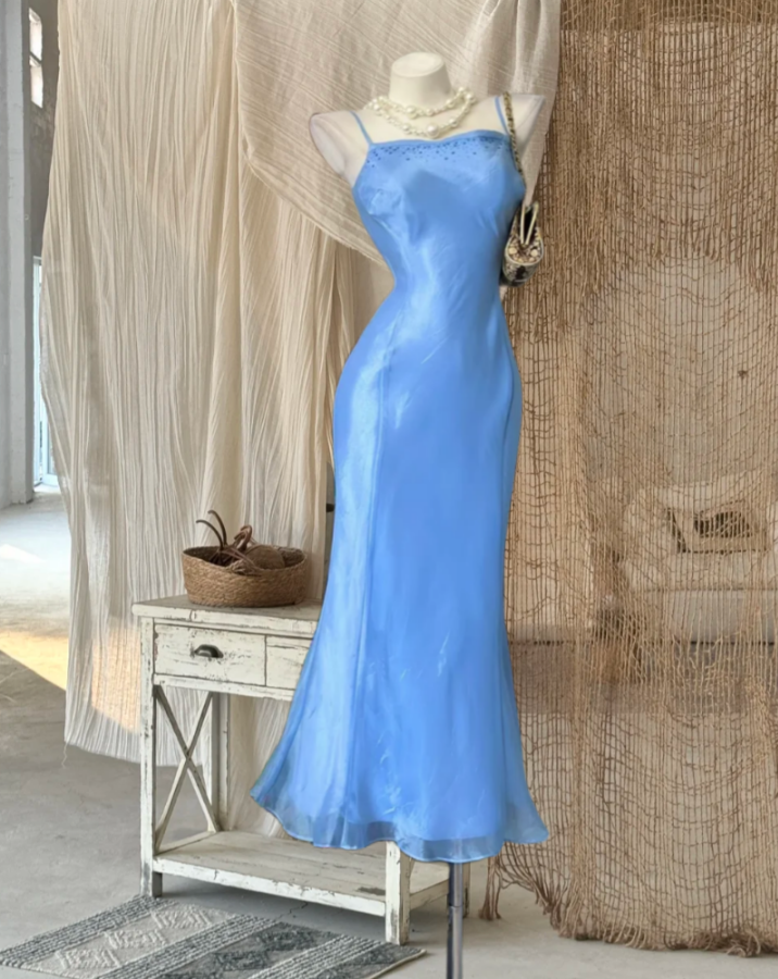 Retro Spaghetti Straps Prom Dress Blue Sequins Mermaid Evening Dress GG8000