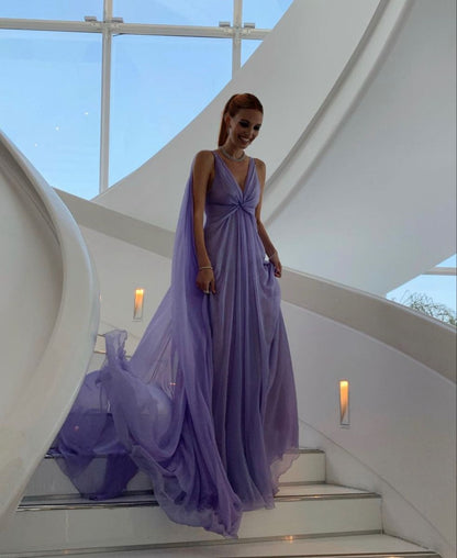 Flowy V Neck Prom Dress Purple Chiffon A-Line Evening Dress GG8003