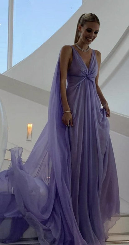 Flowy V Neck Prom Dress Purple Chiffon A-Line Evening Dress GG8003