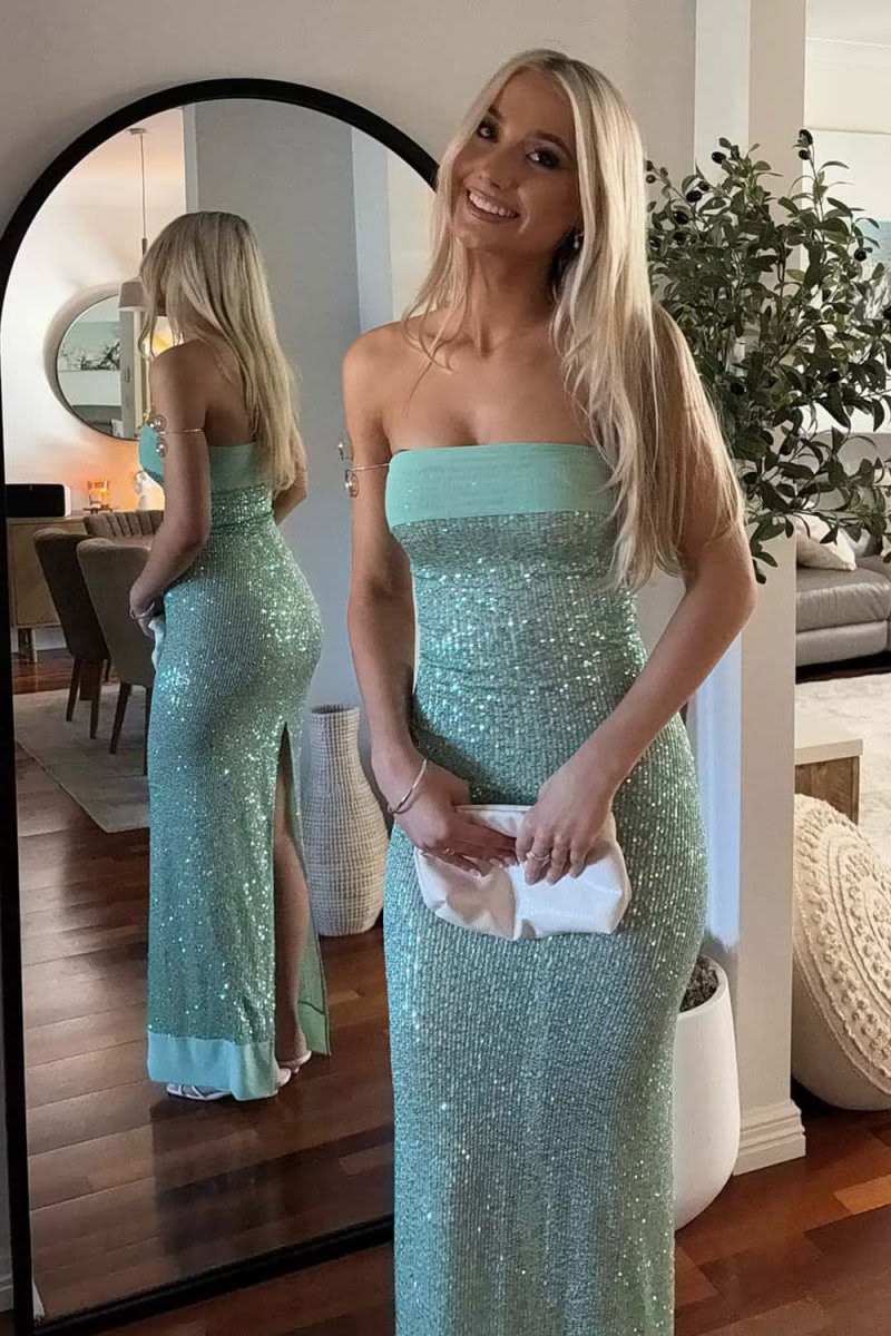Alluring Strapless Prom Dress Green Sequins Mermaid Evening Dress GG8004