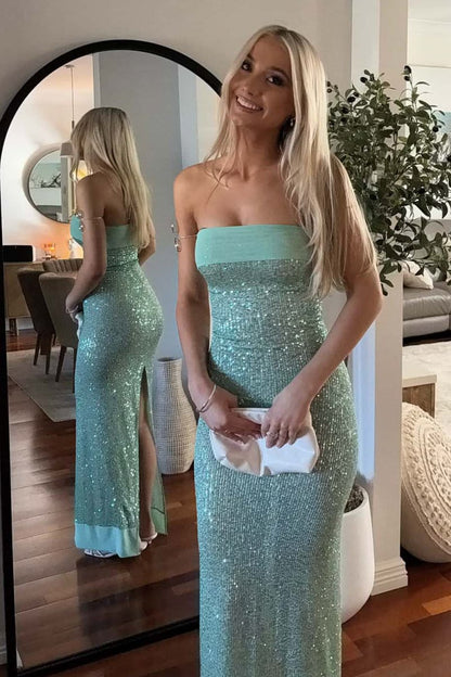 Alluring Strapless Prom Dress Green Sequins Mermaid Evening Dress GG8004
