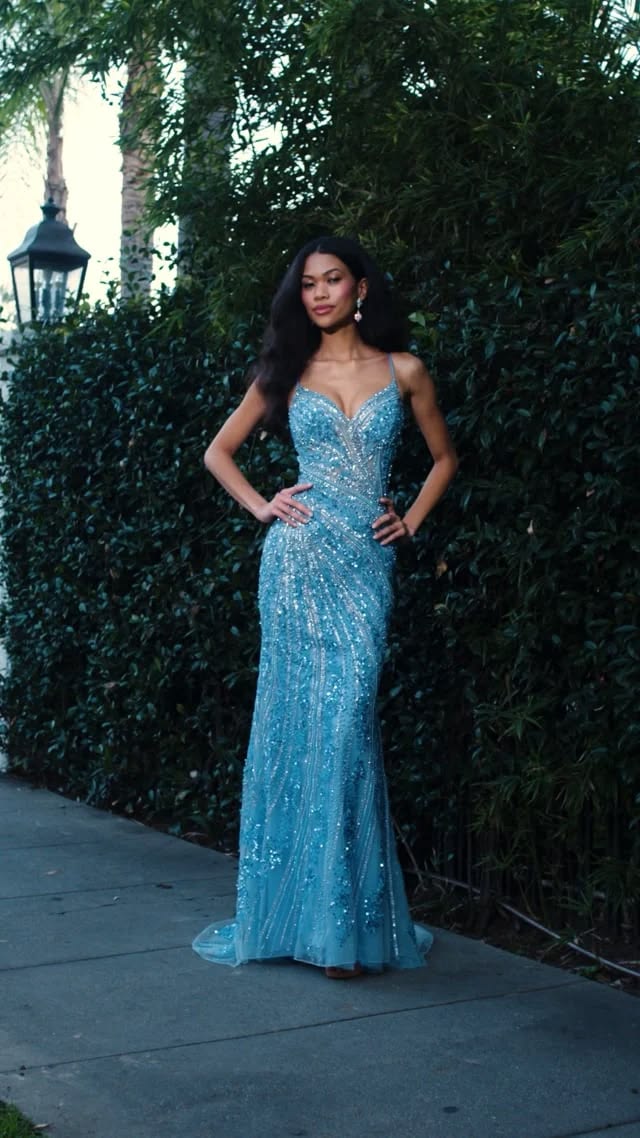 Shiny Spaghetti Straps Prom Dress Blue Sequins Mermaid Evening Dress GG8005