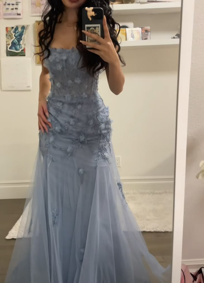 Elegant Spaghetti Straps Prom Dress Blue Appliques Tulle Mermaid Evening Dress GG8006