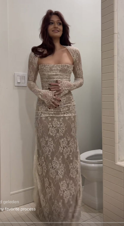 Retro Strapless Prom Dress Beige Lace Mermaid Evening Dress GG8007