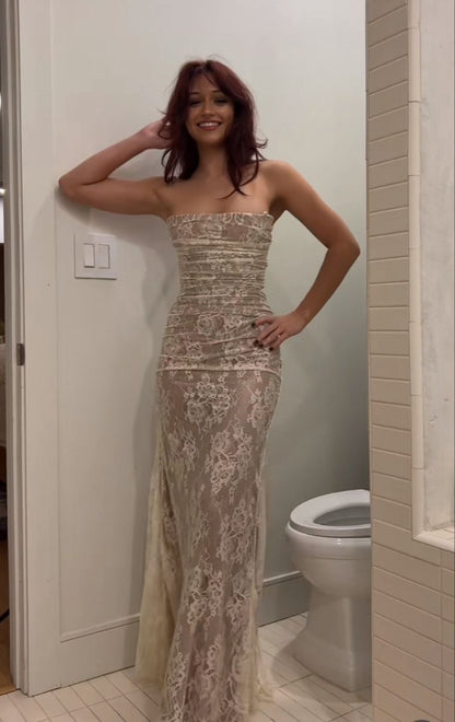 Retro Strapless Prom Dress Beige Lace Mermaid Evening Dress GG8007