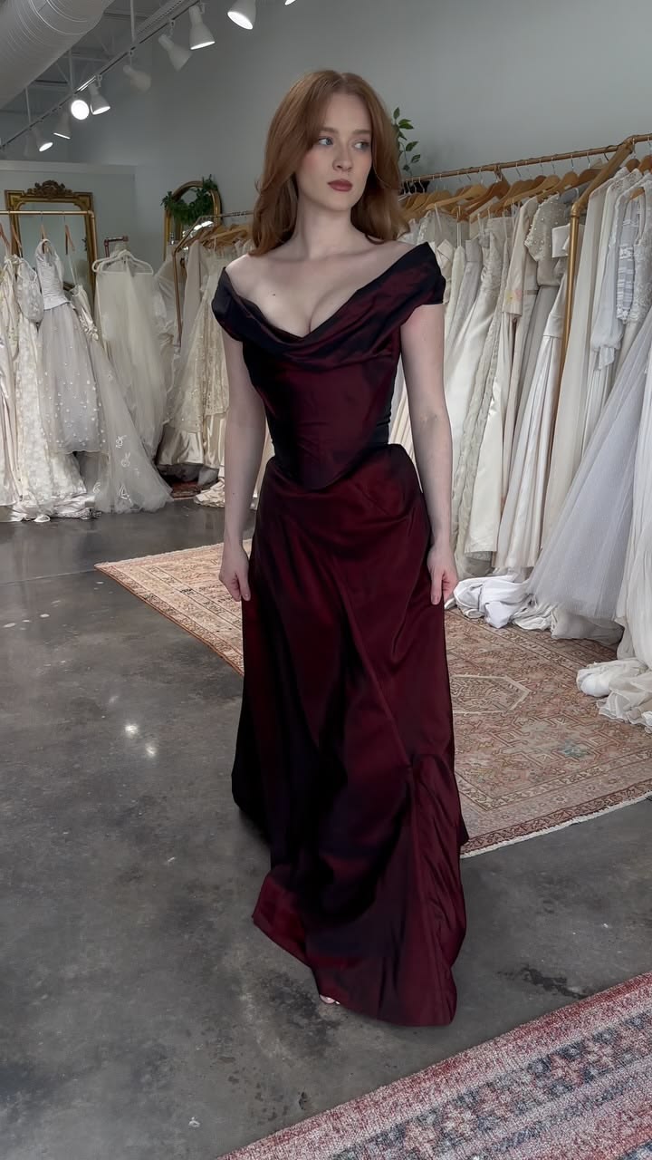 Classy Off The Shoulder Prom Dress Burgundy Satin A-Line Evening Dress GG8009