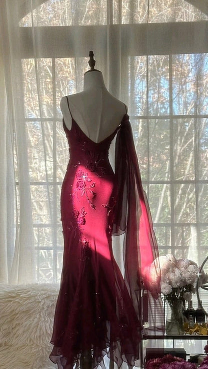 Alluring Spaghetti Straps Prom Dress Red Beading Mermaid Evening Dress GG8010