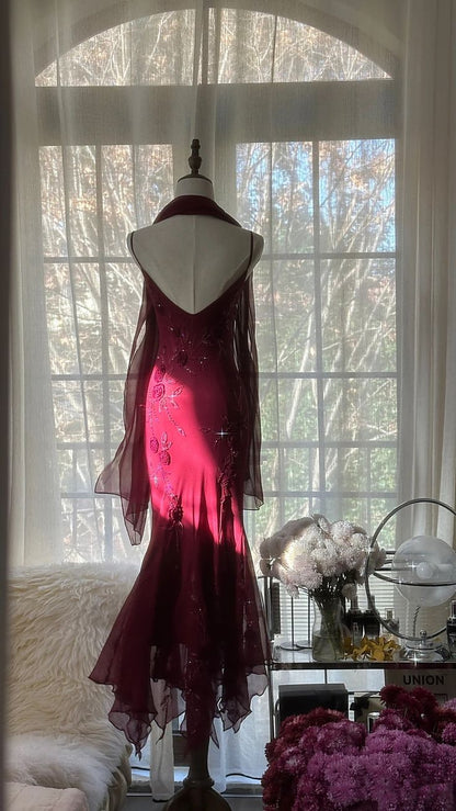 Alluring Spaghetti Straps Prom Dress Red Beading Mermaid Evening Dress GG8010