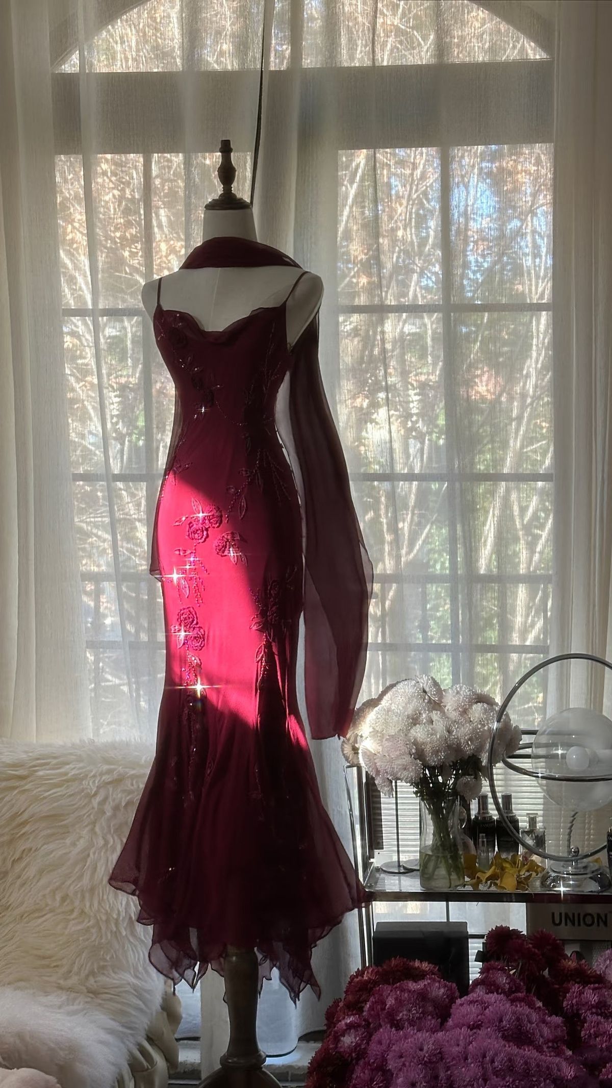 Alluring Spaghetti Straps Prom Dress Red Beading Mermaid Evening Dress GG8010