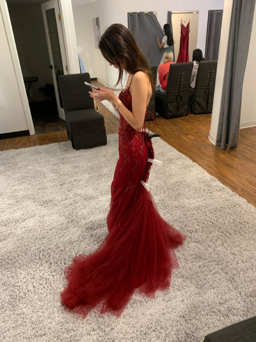 Attractive Spaghetti Straps Prom Dress Red Sequins Tulle Mermaid Evening Dress GG8013