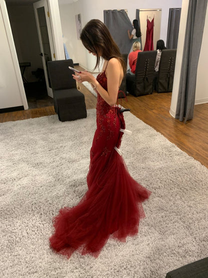 Attractive Spaghetti Straps Prom Dress Red Sequins Tulle Mermaid Evening Dress GG8013