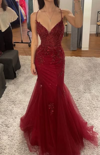 Attractive Spaghetti Straps Prom Dress Red Sequins Tulle Mermaid Evening Dress GG8013