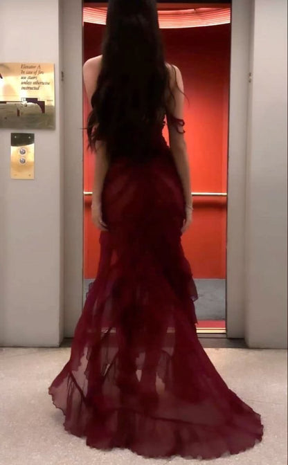 Playful Off The Shoulder Prom Dress Red Slit Ruffles Mermaid Evening Dress GG8015