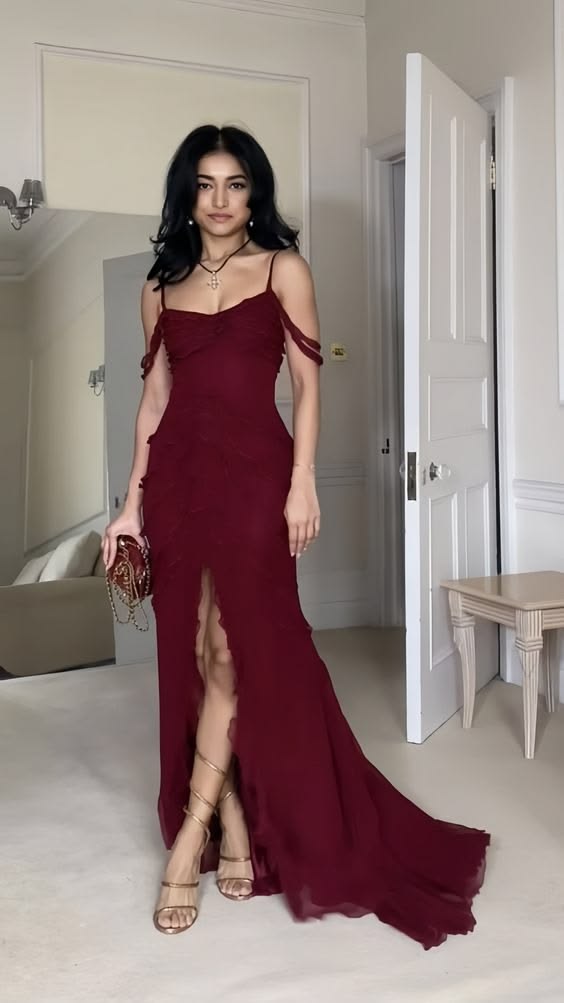 Playful Off The Shoulder Prom Dress Red Slit Ruffles Mermaid Evening Dress GG8015