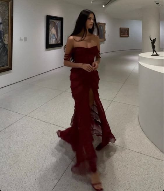 Playful Off The Shoulder Prom Dress Red Slit Ruffles Mermaid Evening Dress GG8015