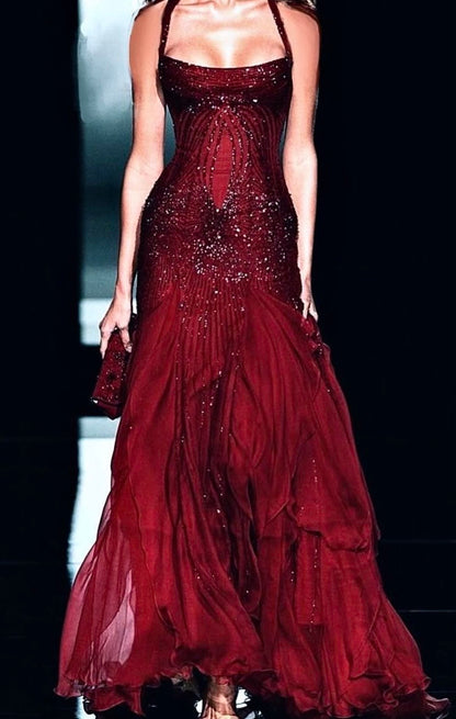 Playful Spaghetti Straps Prom Dress Red Sequins Mermaid Evening Dress GG8016