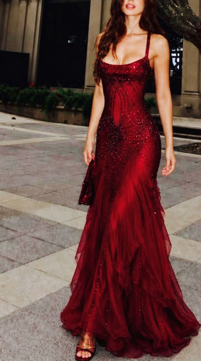 Playful Spaghetti Straps Prom Dress Red Sequins Mermaid Evening Dress GG8016