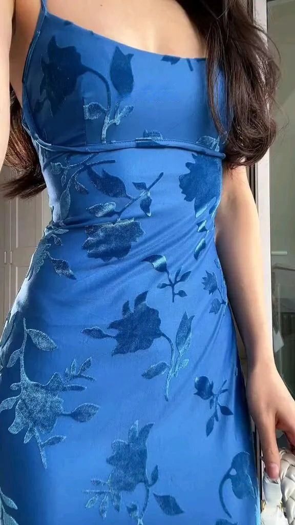 Trendy Spaghetti Straps Prom Dress Blue Jacquard Mermaid Evening Dress GG8017