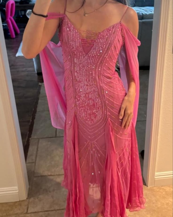 Beautiful Spaghetti Straps Prom Dress Pink Sequins Ruffles Mermaid Evening Dress GG8018