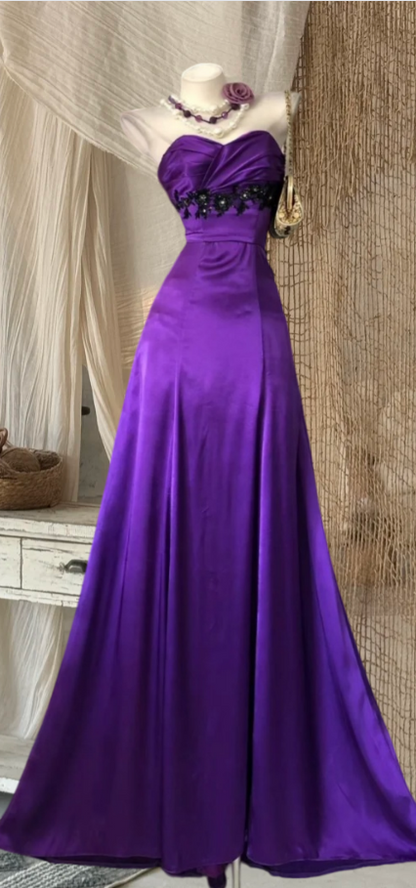 Elegant Strapless Appliques Prom Dress Purple Satin A-Line Evening Dress GG8020