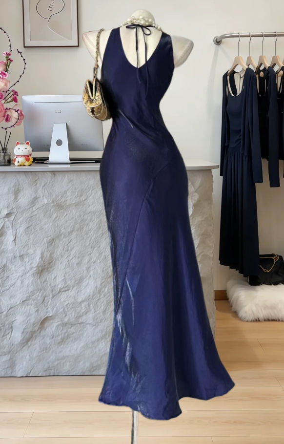 Playful Halter Neck Prom Dress Blue Mermaid Evening Dress GG8023