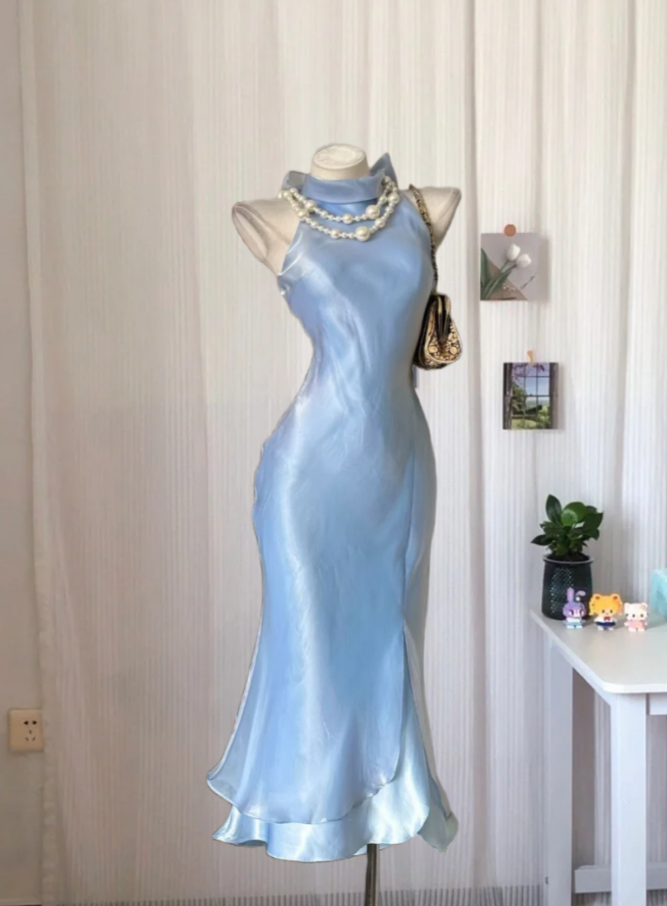 Classical Halter Neck Homecoming Dress Blue Satin A-Line Birthday Dress GG8025