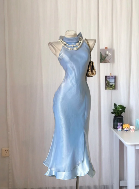 Classical Halter Neck Homecoming Dress Blue Satin A-Line Birthday Dress GG8025