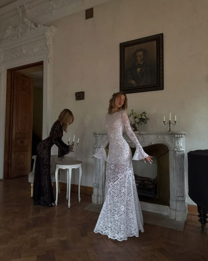 Alluring Jewel Neck Prom Dress Long Sleeve Lace Mermaid Evening Dress GG8026