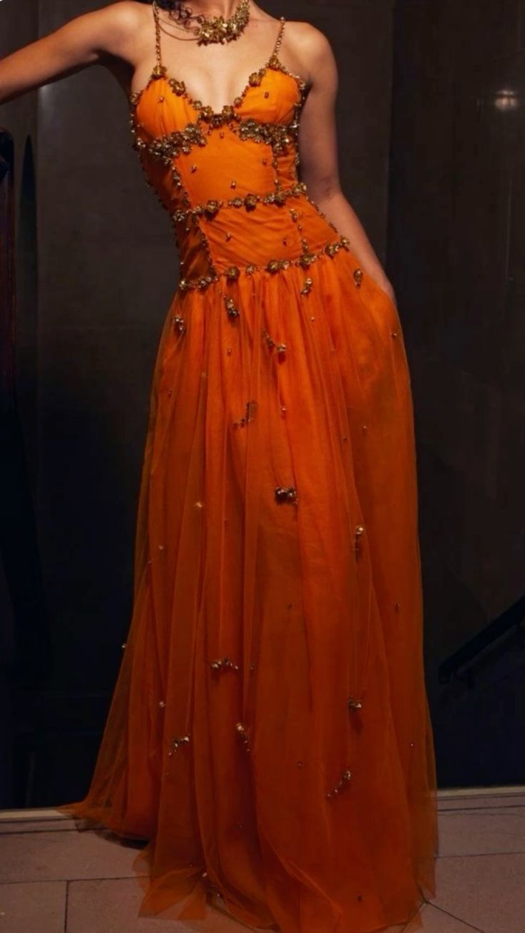 Classy Spaghetti Straps Prom Dress Orange Beading A-Line Evening Dress GG8027