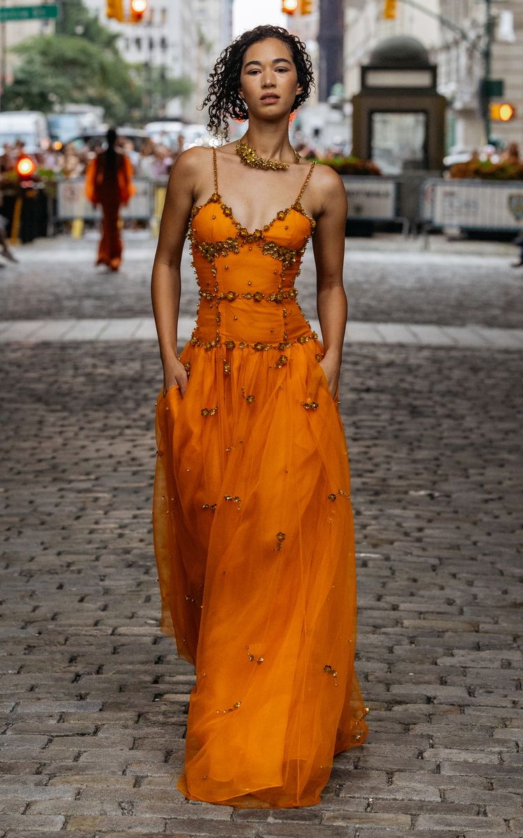 Classy Spaghetti Straps Prom Dress Orange Beading A-Line Evening Dress GG8027