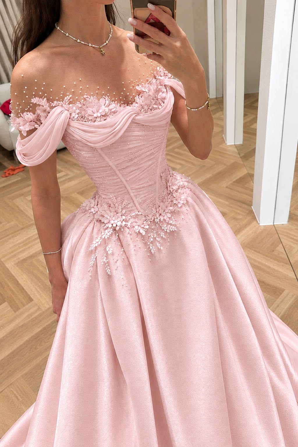 Lovely Off The Shoulder Prom Dress Pink Beads Appliques A-Line Evening Dress GG8030