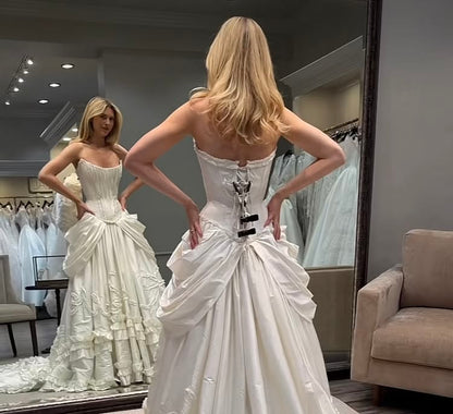 Ornate Strapless Wedding Dress Ruffles Satin A-Line Bridal Dress GG8031