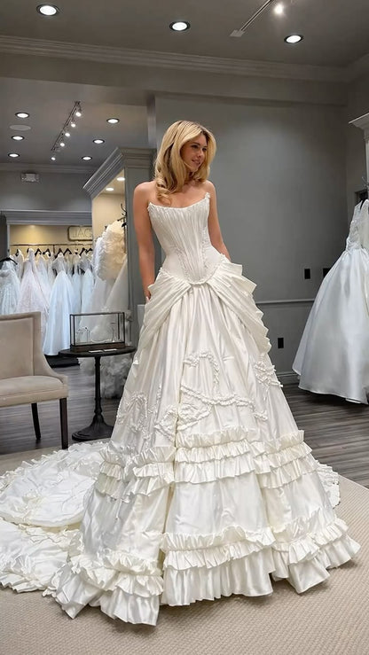 Ornate Strapless Wedding Dress Ruffles Satin A-Line Bridal Dress GG8031