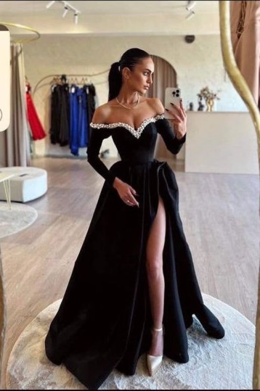 Retro Off The Shoulder Prom Dress Black Beads Slit A-Line Evening Dress GG8035