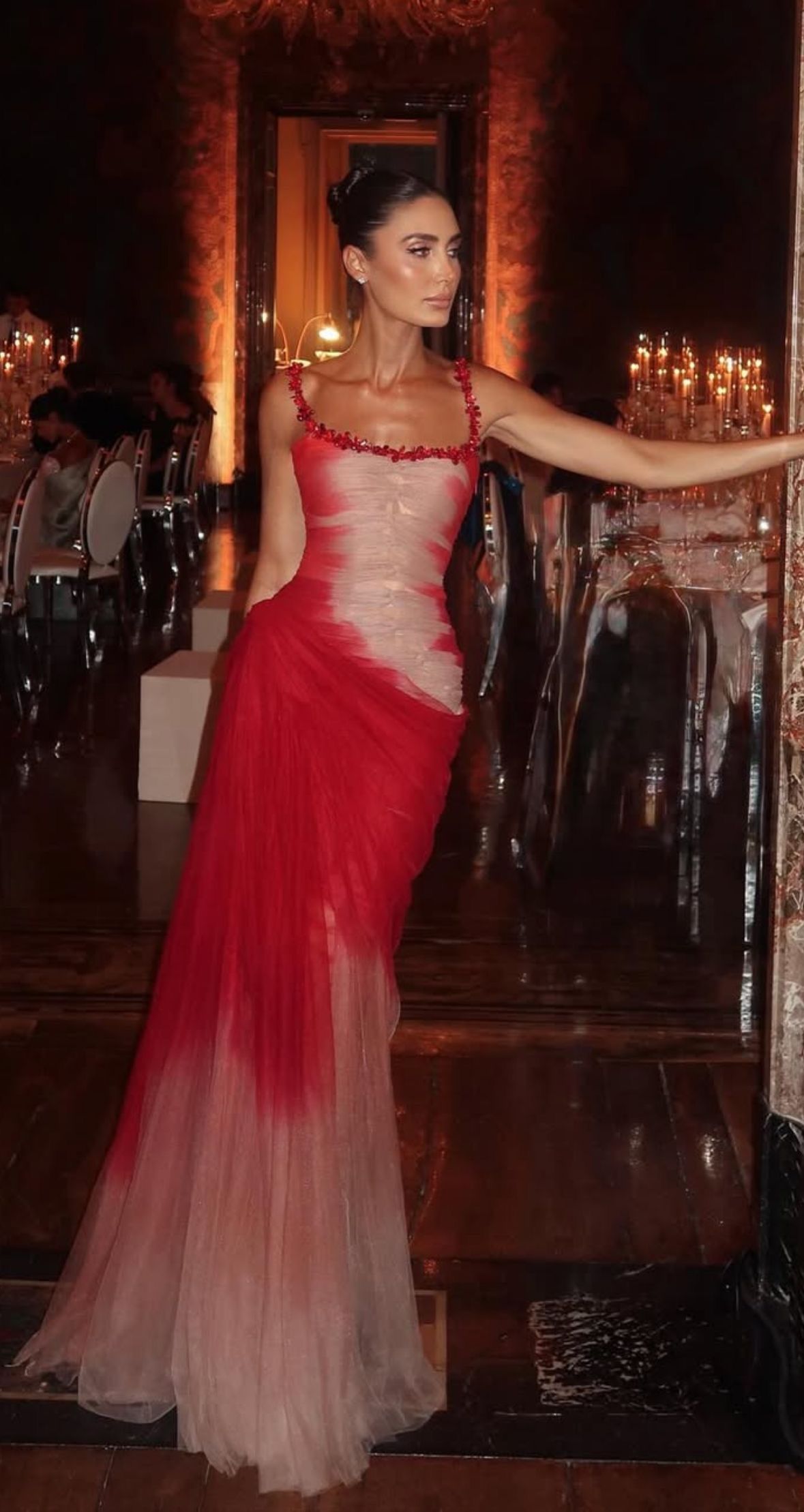 Alluring Spaghetti Straps Prom Dress Red Tulle Beaded Mermaid Evening Dress GG8037